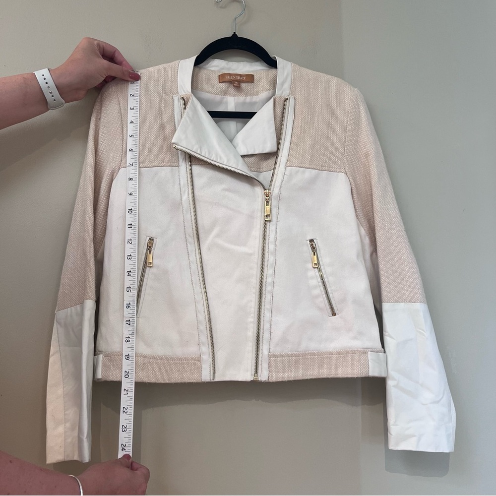 Ellen Tracy Off White Asymmetrical Zip Faux Leather Tweed Crop Jacket - Picture 4 of 5
